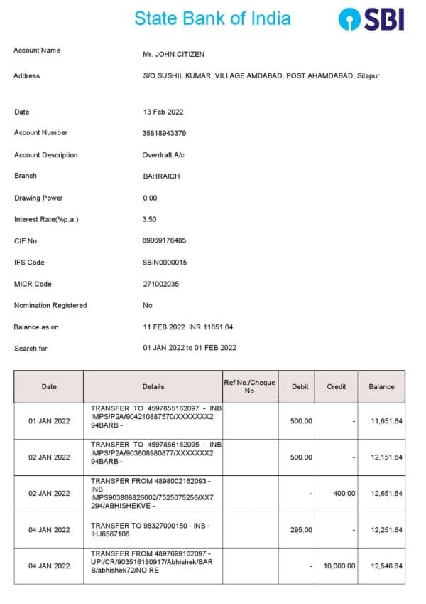 Indian-SBI-bank-statement_000001.jpg India State Bank of India (SBI) bank statement Word and PDF template, 2 pages