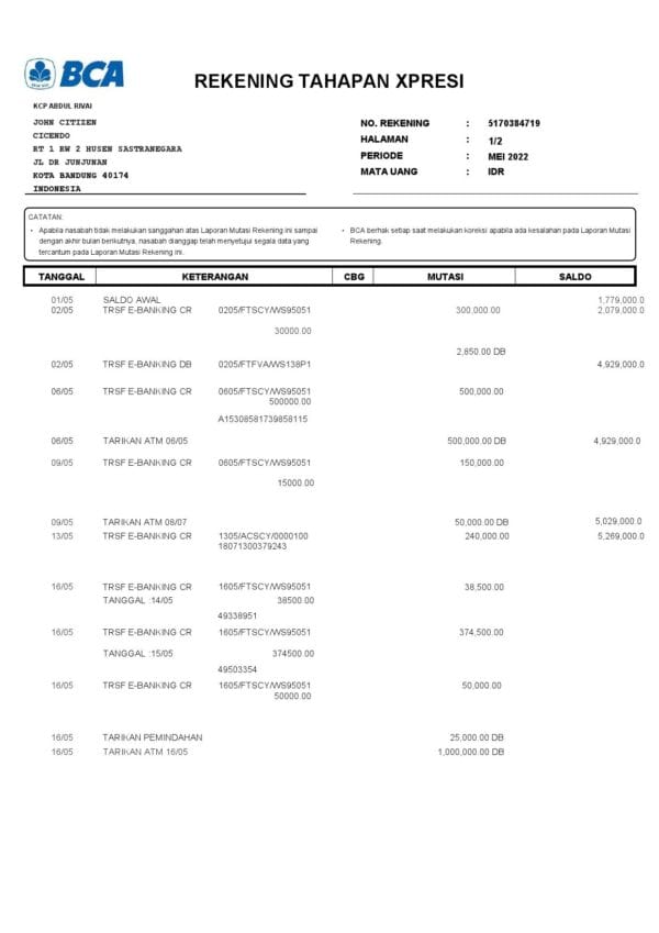 Indonesia-BCA-bank-statement-2-pages_000001.jpg Indonesia BCA bank statement, Word and PDF template, 6 pages