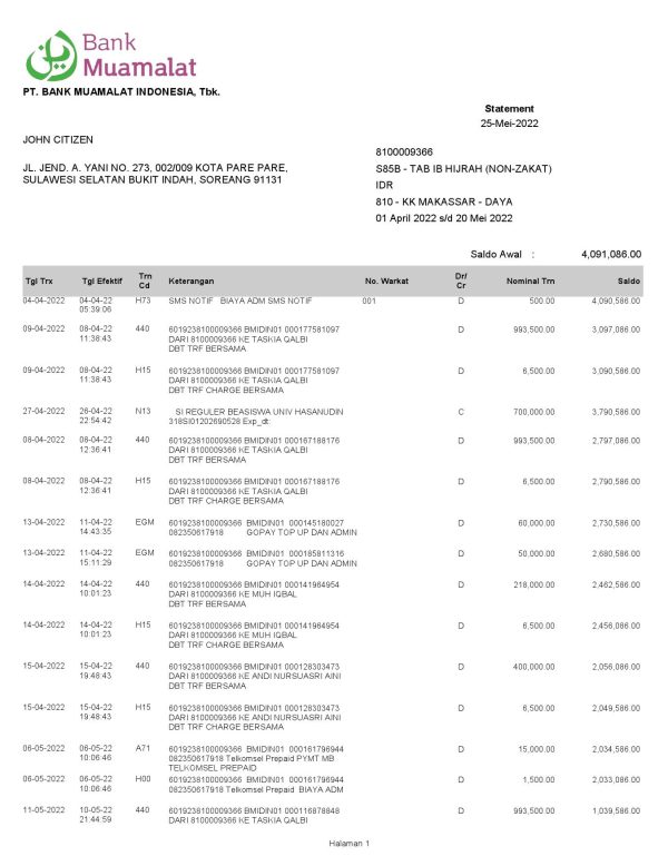 Indonesia Muamalat bank statement, Word and PDF template, 2 pages