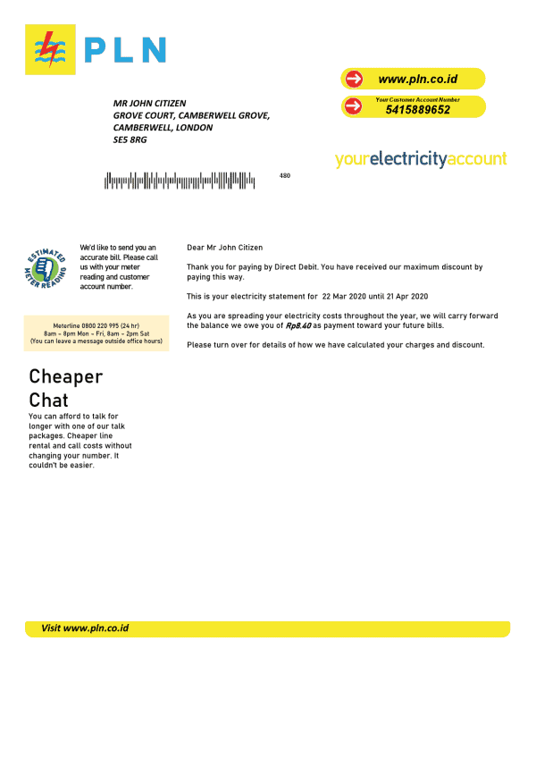 Indonesia PLN electricity utility bill template, fully editable in PSD format