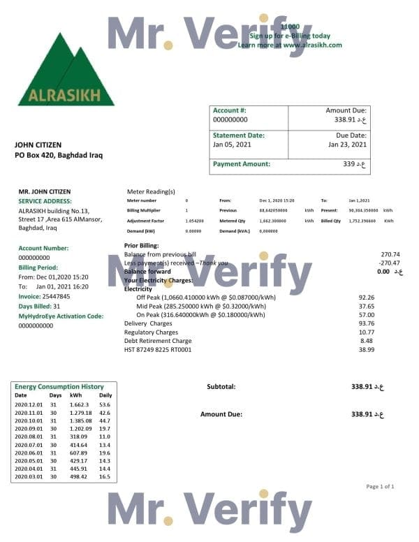 Iraq AlRasikh electricity utility bill template in Word and PDF format