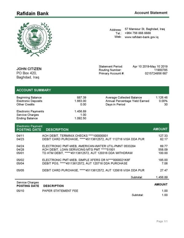 Iraq Rafidain bank statement easy to fill template in Word and PDF format