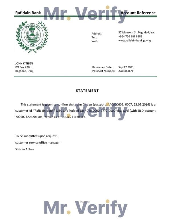 Iraq Rafidain bank account closure reference letter template in Word and PDF format