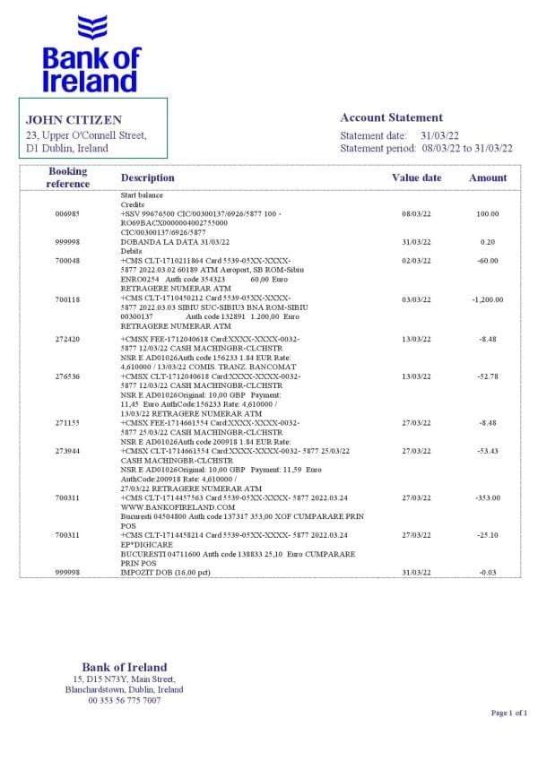 Ireland Bank of Ireland bank statement template in Word and PDF format