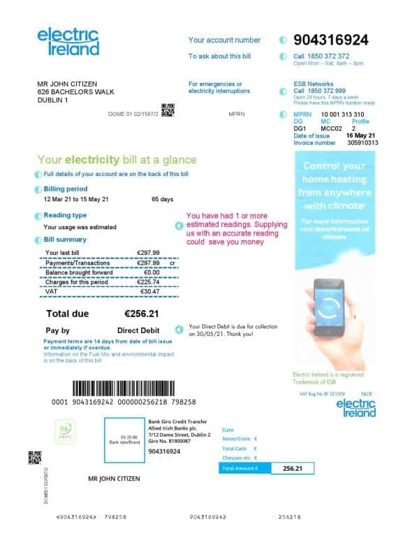 Ireland Electric Ireland utility bill template in Word and PDF format