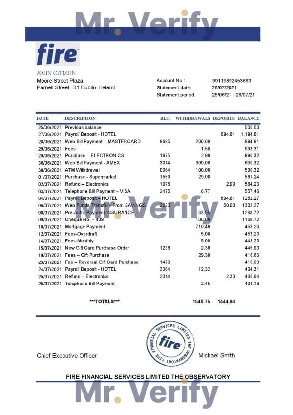 Ireland Fire Financial Services Limited account statement template in Excel and PDF format