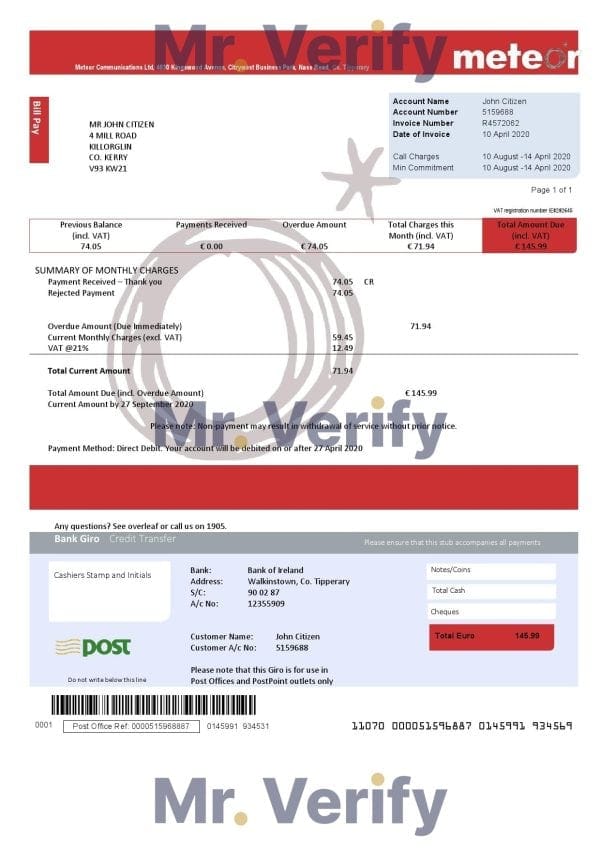 Ireland Meteor utility bill template fully editable in PSD format