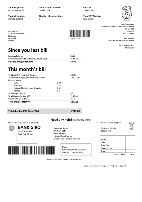 Ireland Three.ie utility bill template in Word and PDF format