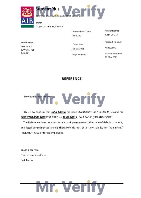 Ireland AIB bank account closure reference letter template in Word and PDF format