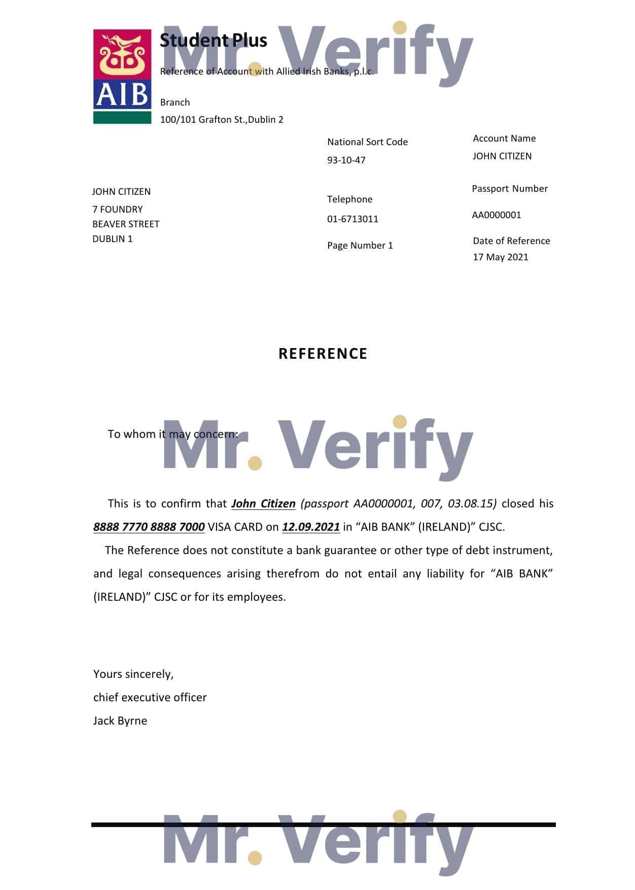 Ireland AIB bank account closure reference letter template in Word and PDF format Ireland AIB bank account closure reference letter template in Word and PDF format