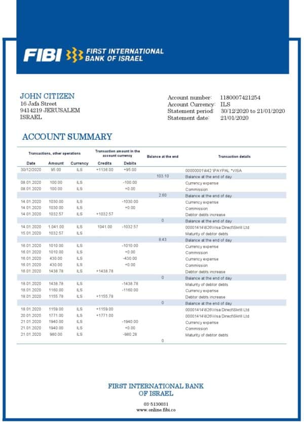 Israel First International Bank of Israel proof of address bank statement template in Word and PDF format