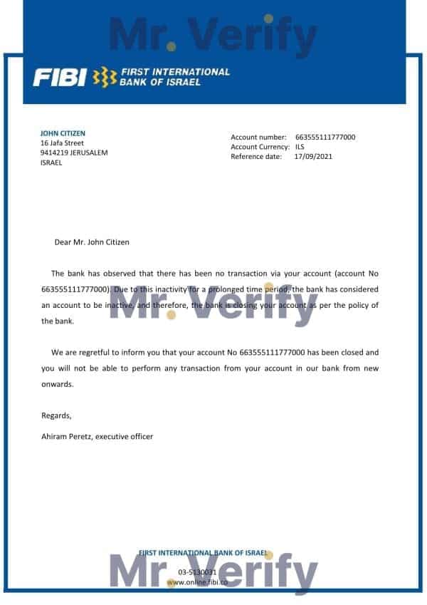 Israel First International Bank of Israel bank account closure reference letter template in Word and PDF format