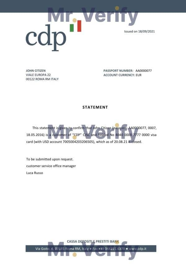 Italy CDP bank account closure reference letter template in Word and PDF format