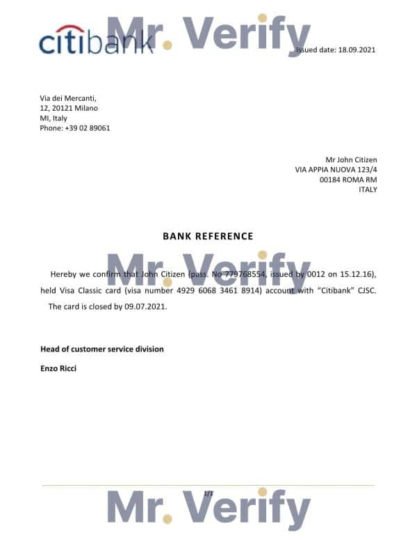 Italy Citibank bank account closure reference letter template in Word and PDF format