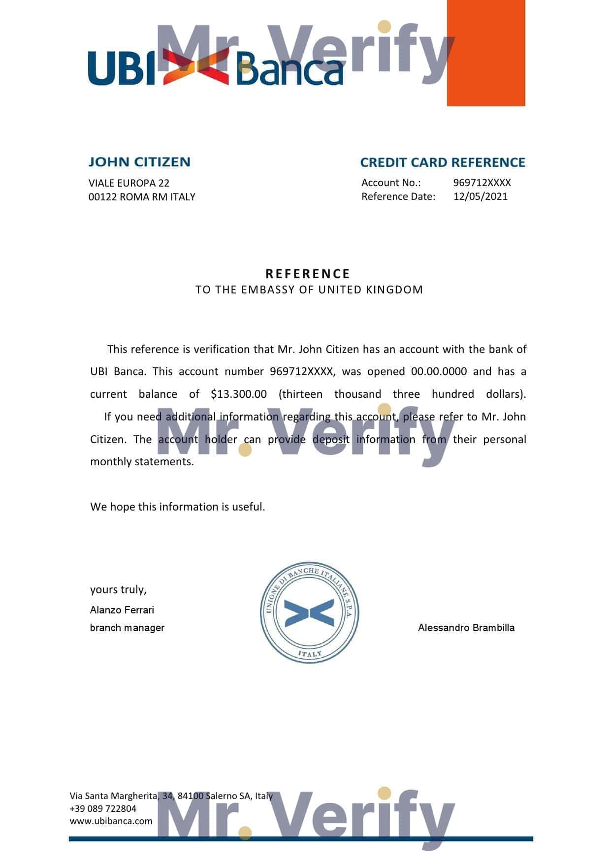Italy UBI bank account reference letter template in Word and PDF format Italy UBI bank account reference letter template in Word and PDF format