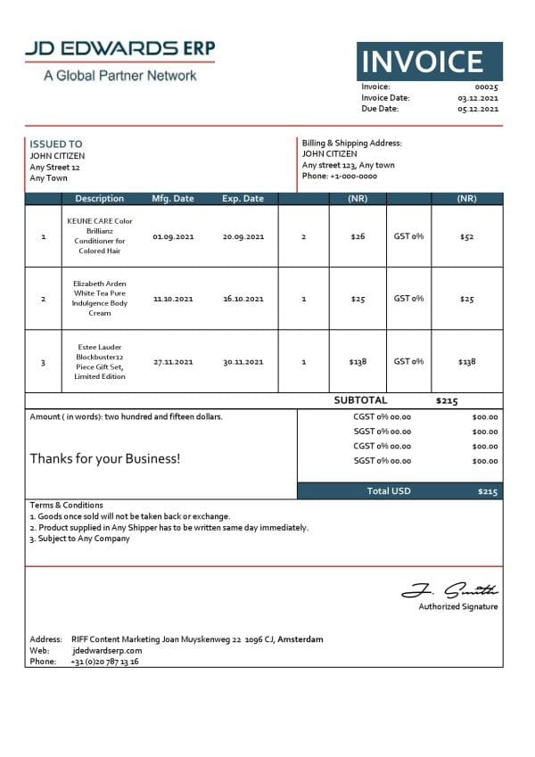 USA JD invoice template in Word and PDF format