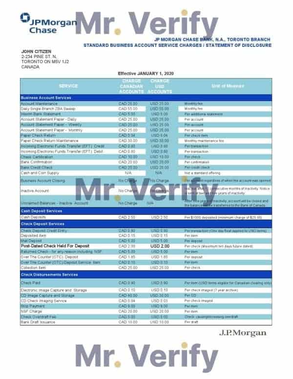 Canada JP Morgan Chase Proof of Address Bank Statement Template in Word and PDF Format
