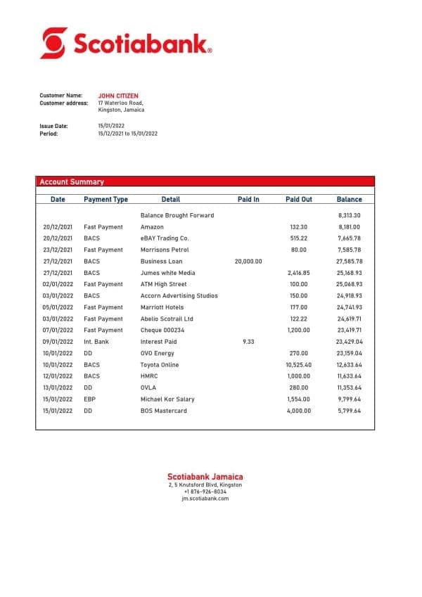 Jamaica Scotiabank bank statement template in Word and PDF format