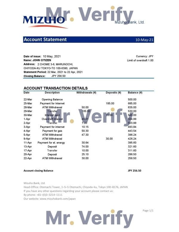 Japan-Mizuho.jpg Japan Mizuho bank statement template in .xls and .pdf file format