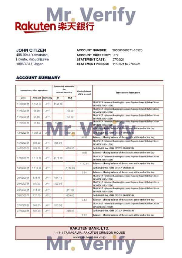 Japan Rakuten bank statement template in Excel and PDF format