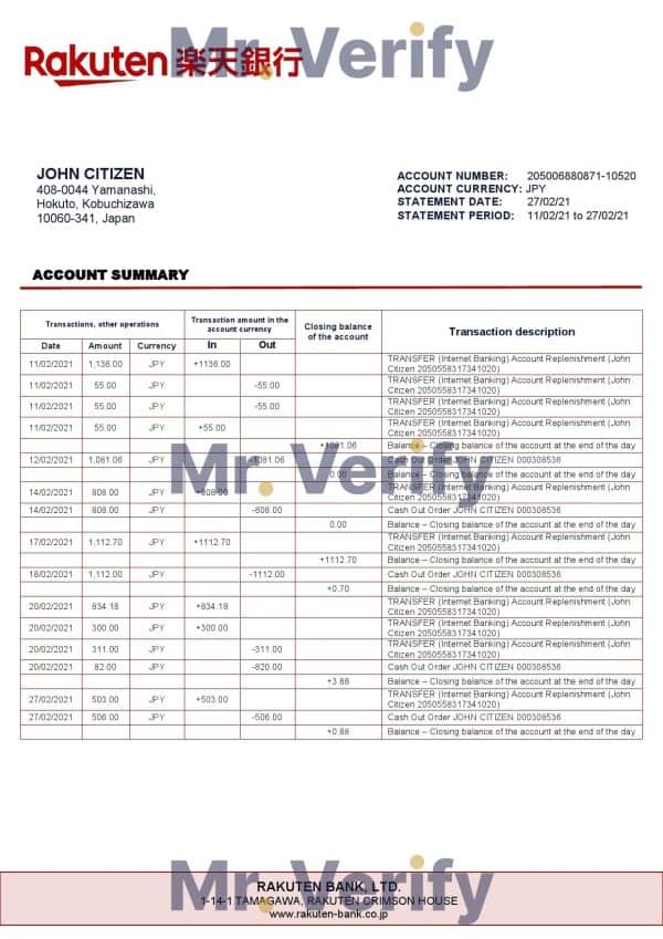 Japan Rakuten bank statement template in Word and PDF format