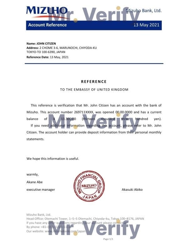 Japan Mizuho bank account reference letter template in Word and PDF format Japan Mizuho bank account reference letter template in Word and PDF format