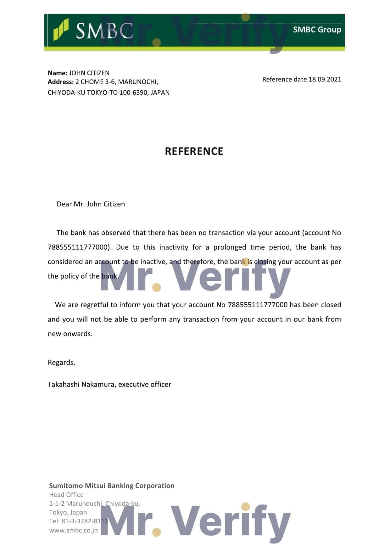 Japan SMBC bank account closure reference letter template in Word and PDF format Japan SMBC bank account closure reference letter template in Word and PDF format