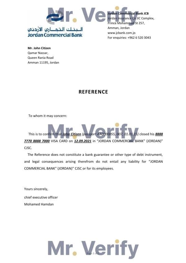 Jordan Commercial bank account closure reference letter template in Word and PDF format
