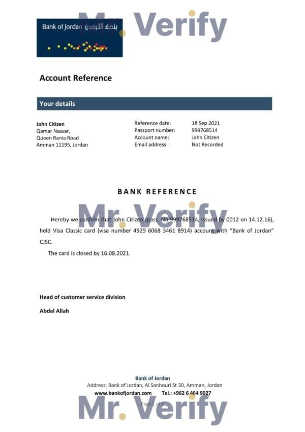 Jordan Bank of Jordan bank account closure reference letter template in Word and PDF format