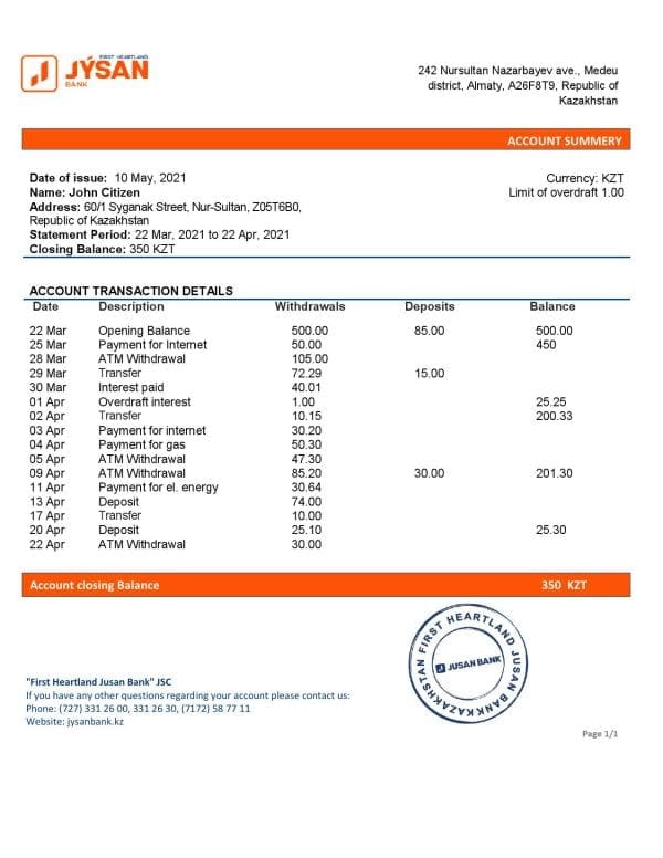 Kazakhstan First Heartland Jusan Bank statement template in Word and PDF format