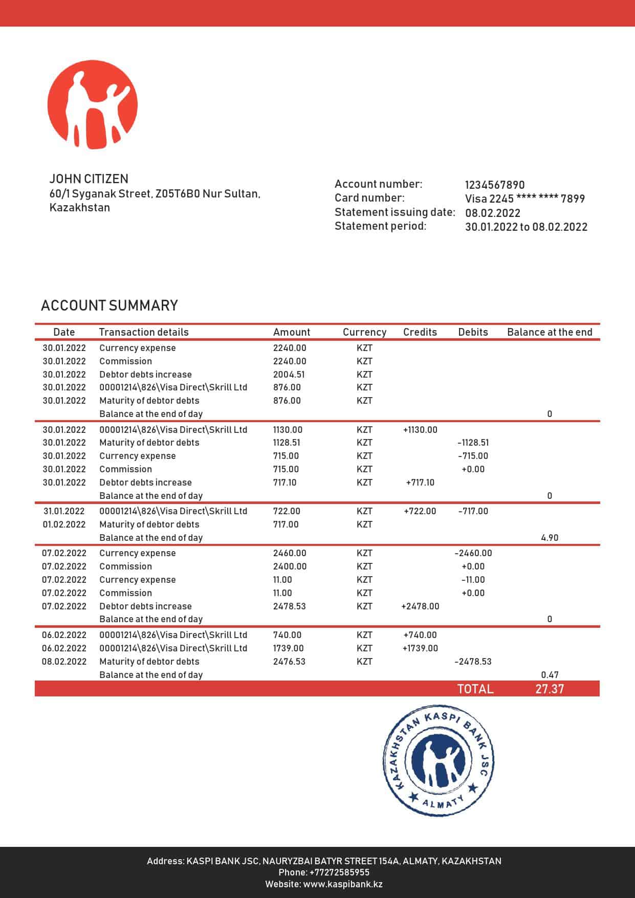Kazakhstan-Kaspi-Bank-statement_000001-1.jpg Kazakhstan Kaspi Bank statement template in Word and PDF format