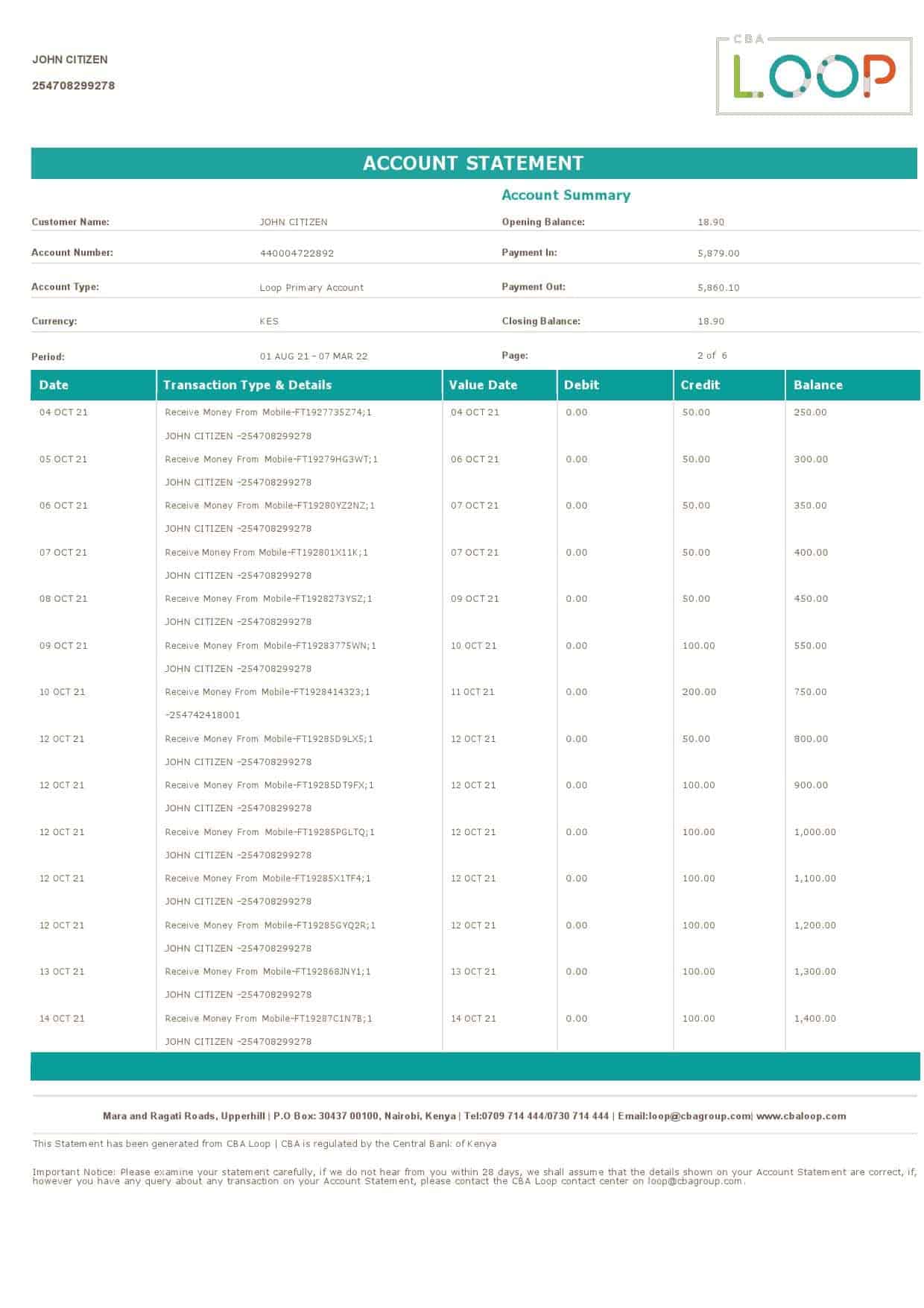 Kenya-CBA-Loop-bank-statement-Word-and-PDF-template-6-pages-2.jpg Kenya CBA Loop bank statement, Word and PDF template, 6 pages - Image 2