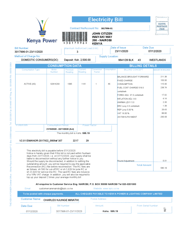 Kenya Power utility bill template in Word and PDF format