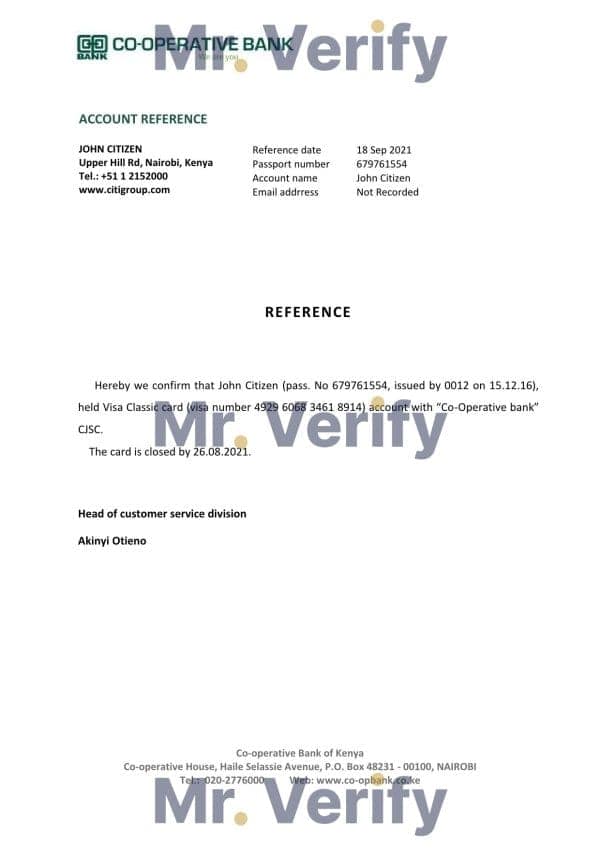 Kenya Co-operative bank account closure reference letter template in Word and PDF format