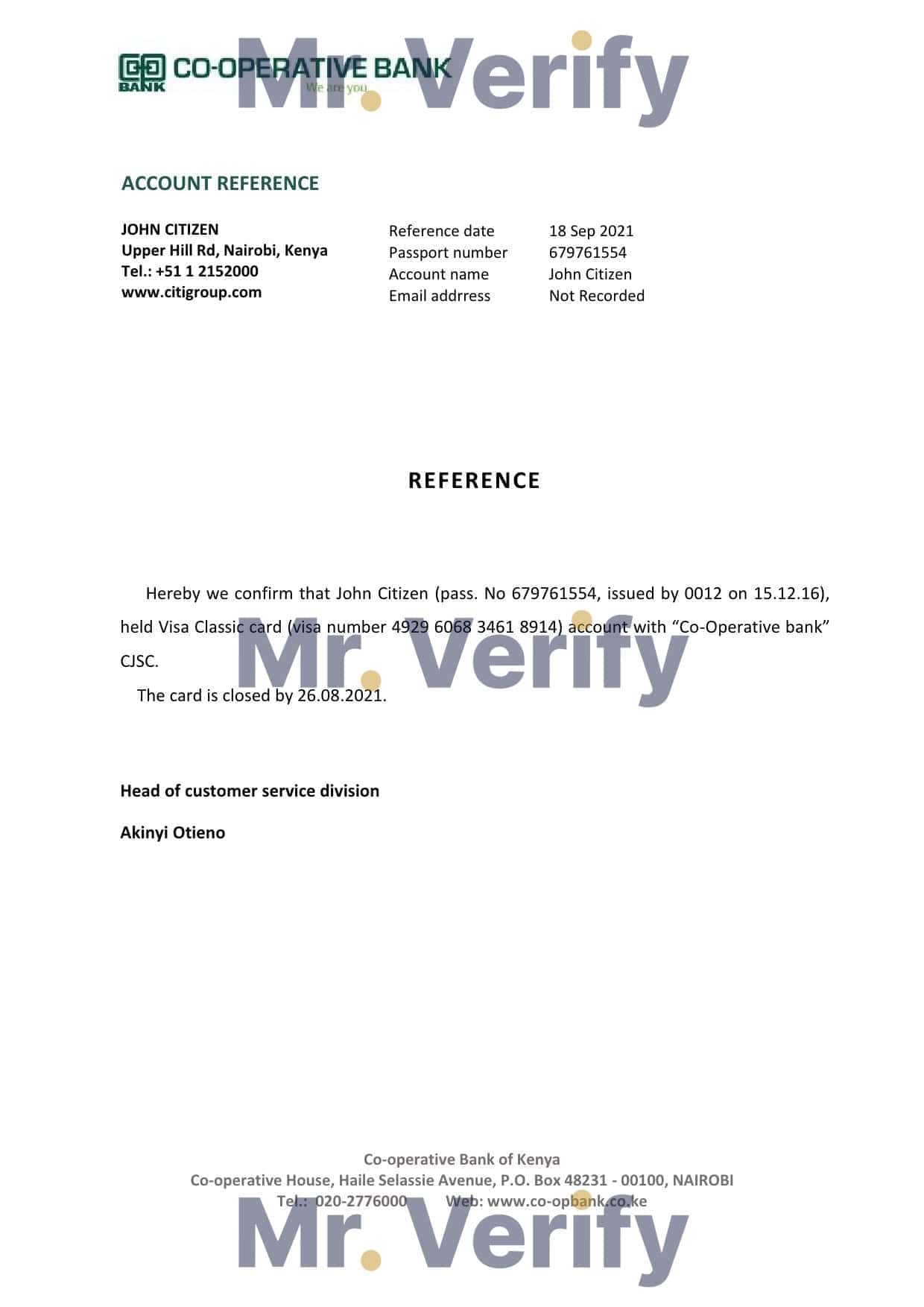 Kenya Co-operative bank account closure reference letter template in Word and PDF format Kenya Co-operative bank account closure reference letter template in Word and PDF format