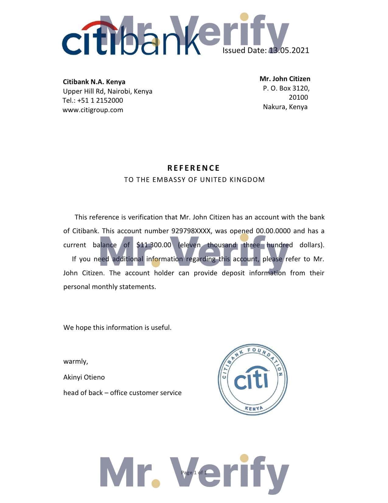Kenya Citibank account closure reference letter template in Word and PDF format Kenya Citibank account closure reference letter template in Word and PDF format