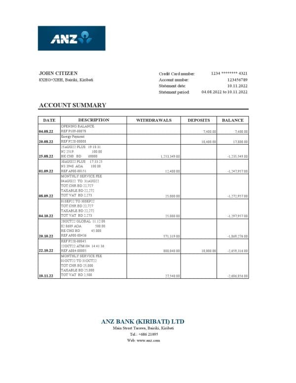 Kiribati ANZ bank statement Excel and PDF template