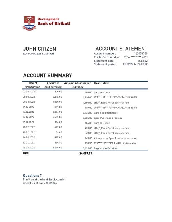 Kiribati Development Bank of Kiribati Excel and PDF template
