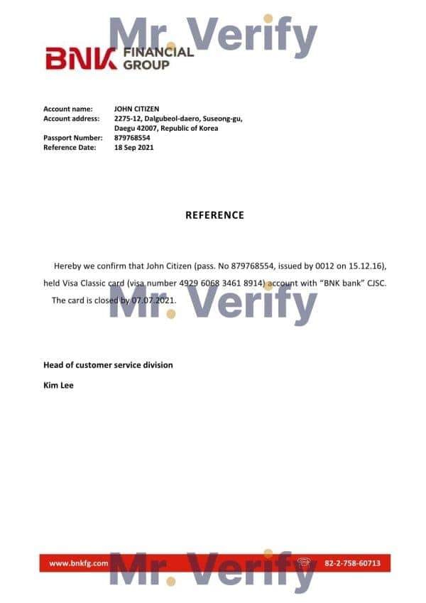 Korea BNK bank account closure reference letter template in Word and PDF format