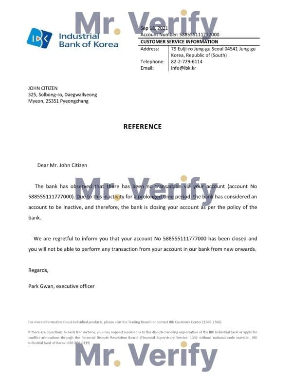 Korea Industrial Bank of Korea bank account closure reference letter template in Word and PDF format