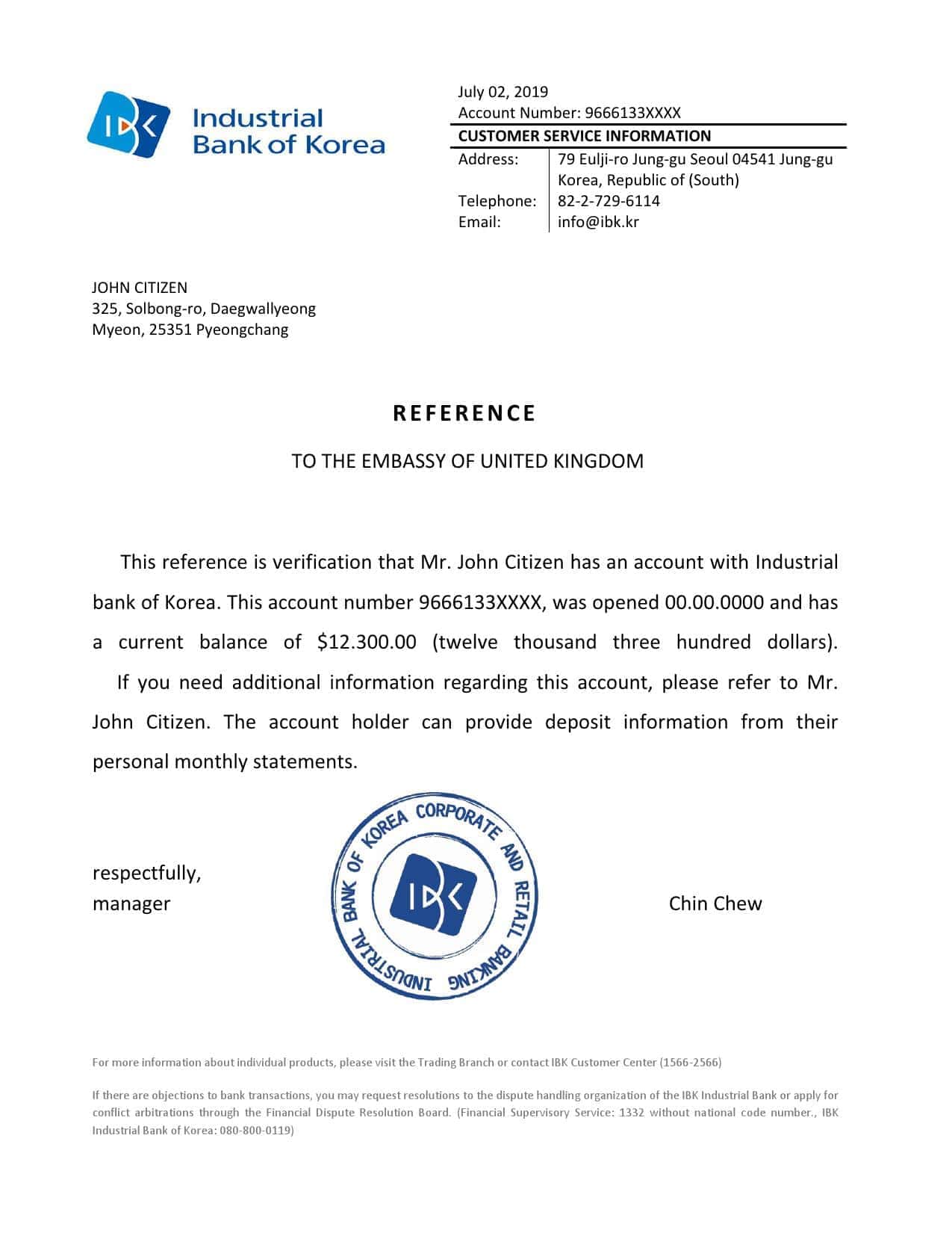 Korea Industrial Bank of Korea bank account reference letter template in Word and PDF format Korea Industrial Bank of Korea bank account reference letter template in Word and PDF format