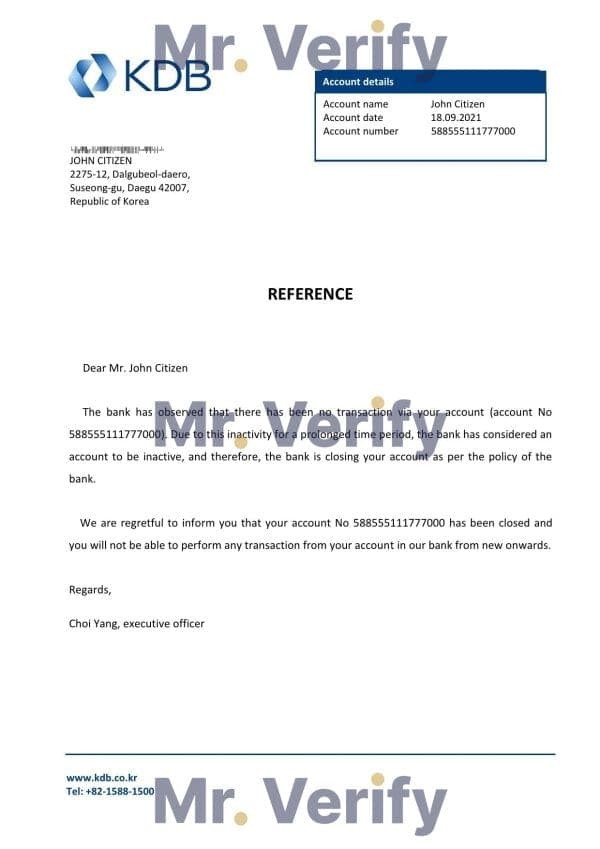 Korea KDB bank account closure reference letter template in Word and PDF format