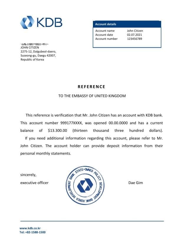 Korea KDB bank account reference letter template in Word and PDF format Korea KDB bank account reference letter template in Word and PDF format