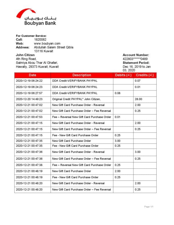 Kuwait Boubyan bank proof of address statement template in Word and PDF format