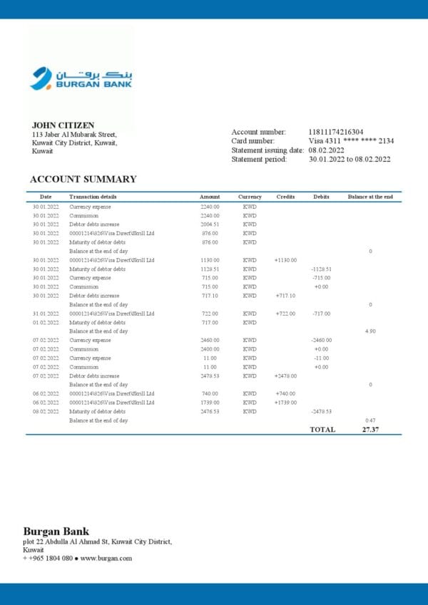 Kuwait-Burgan-Bank-statement_000001.jpg Kuwait Burgan Bank statement template in Word and PDF format