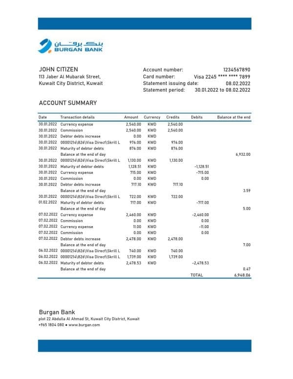 Kuwait Burgan bank statement Excel and PDF template