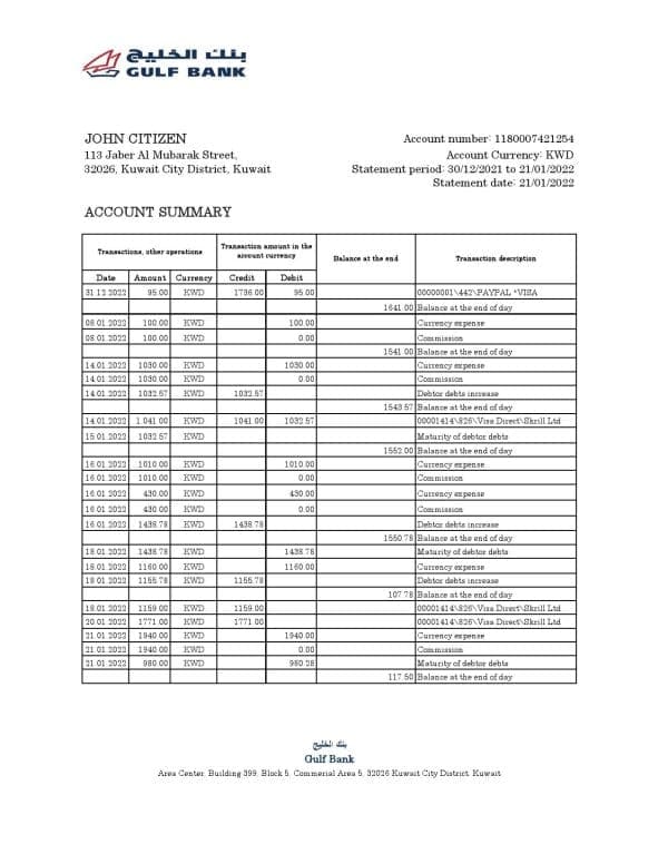 Kuwait Gulf bank statement Excel and PDF template
