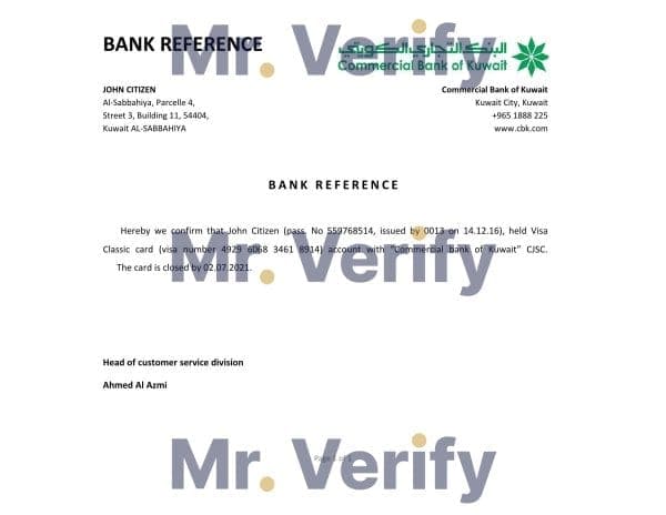 Kuwait Commercial Bank of Kuwait bank account closure reference letter template in Word and PDF format