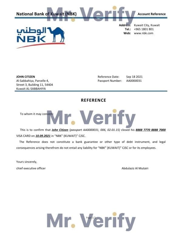 Kuwait National Bank of Kuwait bank account closure reference letter template in Word and PDF format