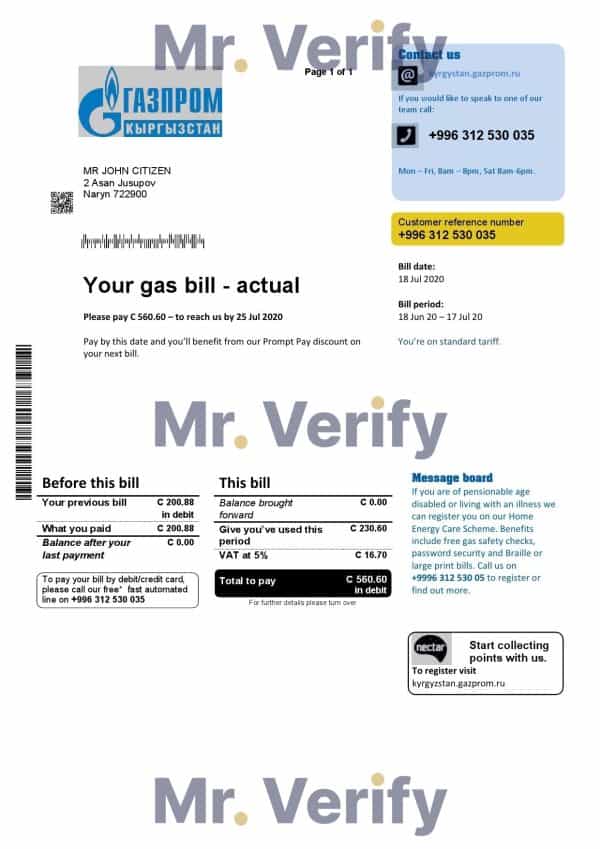 Kyrgyzstan Gazprom utility bill template in Word and PDF format